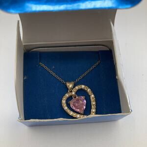 Avon Goldtone Double Heart Pendant Necklace Pink Stone Clear Accents Fashion